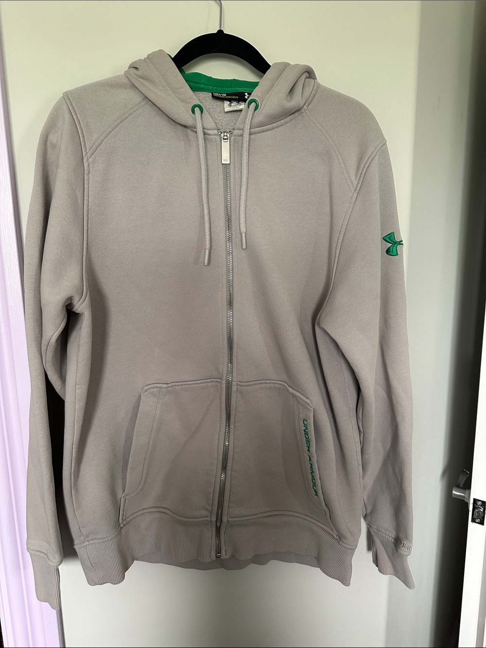 Under Armour Light Gray Zip-Up Hoodie with Green Trim